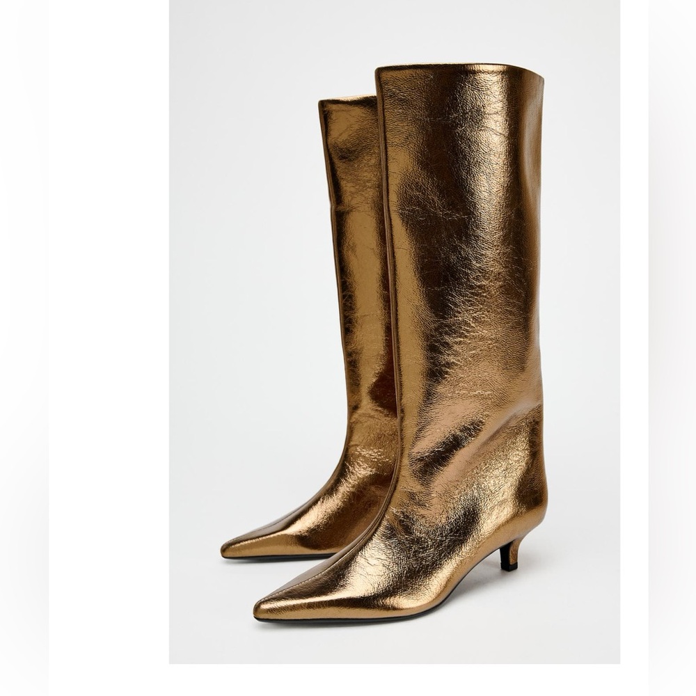 ZARA KITTEN HEEL METALLIC EFFECT BOOTS